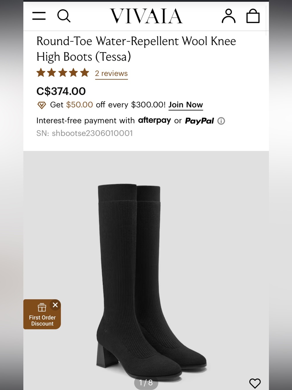 NEW Vivaia Tessa Black Stretch Knit Mid-Calf Round Toe Block Heel Boots size 37